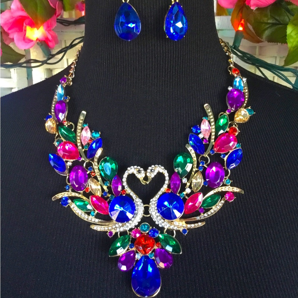 Multi Blue Red Pink Peacock Rhinestone Statement Bib Necklace Crystal…